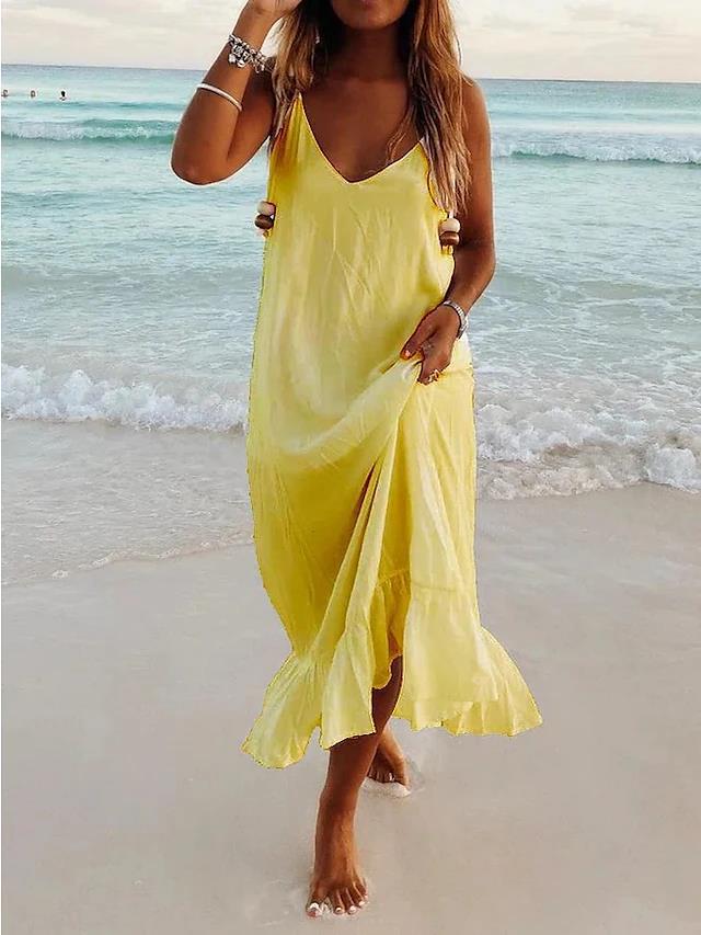 NTG Fad DRESS Yellow / S V Neck Backless Strap Beach Vacation Boho Dress