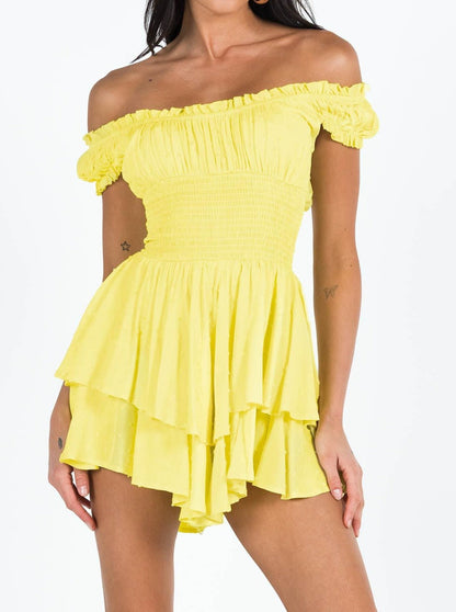 NTG Fad Dress yellow / S Wrapped chest short-sleeved one-shoulder cotton and linen embroidered skirt