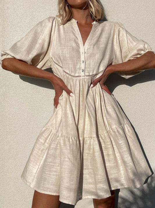 NTG Fad Dresses BEIGE / S Cotton linen V-neck paneled lace dress-(Hand Made)
