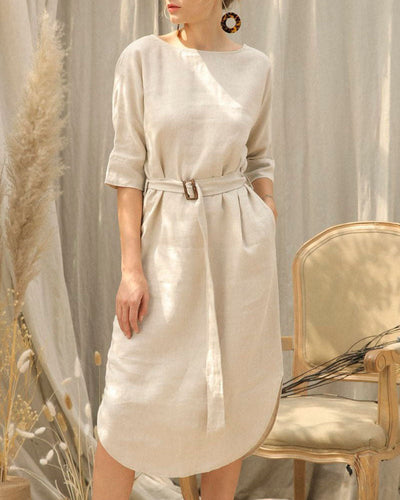 NTG Fad Dresses Beige / S Dress - Curved Hem Linen Belt Dress-（hand make）