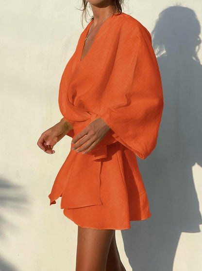 NTG Fad Dresses Cotton and Linen Lantern Sleeve Irregular Design Dress