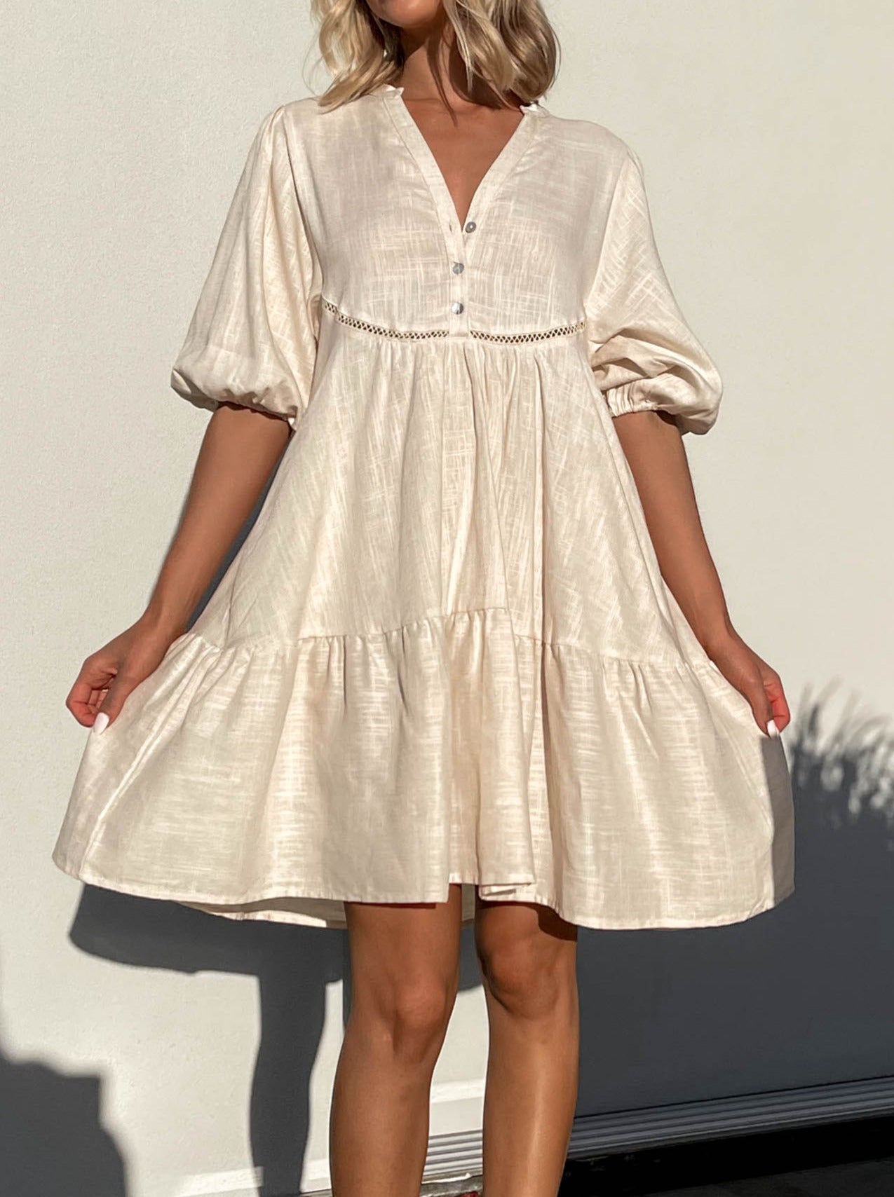 NTG Fad Dresses Cotton linen V-neck paneled lace dress-(Hand Made)