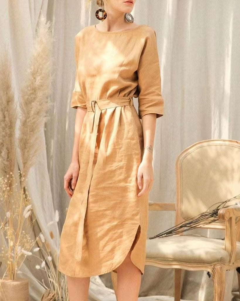 NTG Fad Dresses Dress - Curved Hem Linen Belt Dress-（hand make）