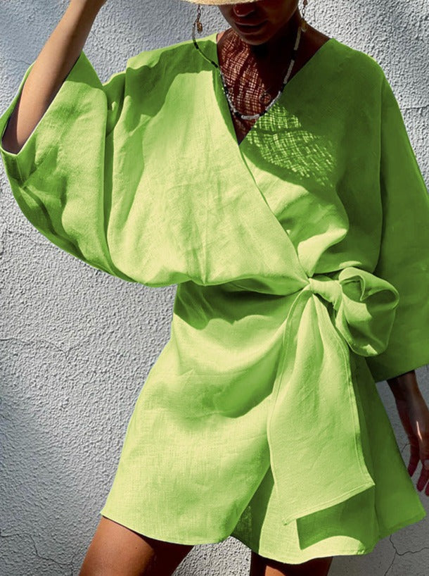 NTG Fad Dresses Green / S Cotton and Linen Lantern Sleeve Irregular Design Dress