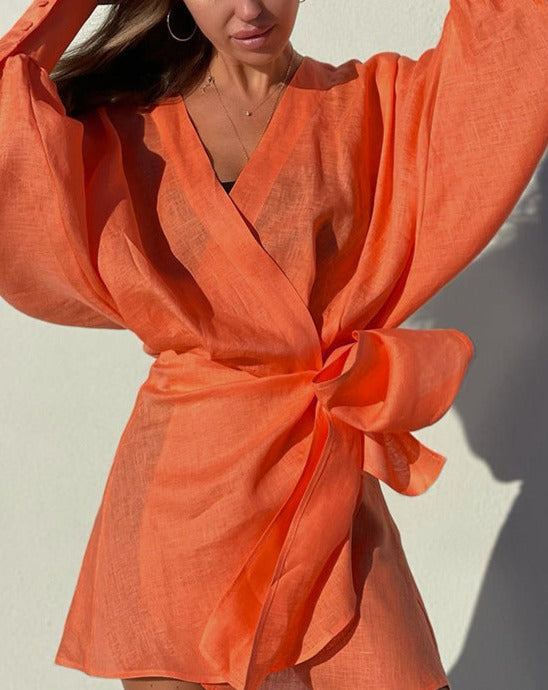 NTG Fad Dresses Orange / S Cotton and Linen Lantern Sleeve Irregular Design Dress