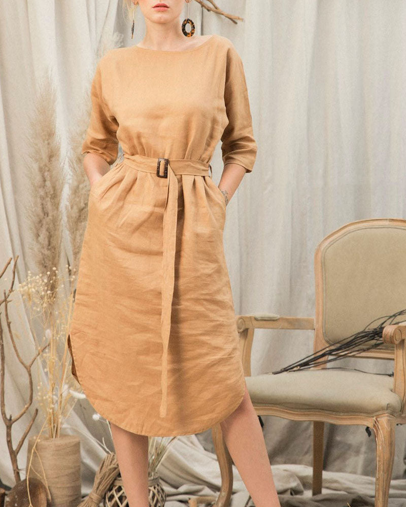 NTG Fad Dresses Orange / S Dress - Curved Hem Linen Belt Dress-（hand make）
