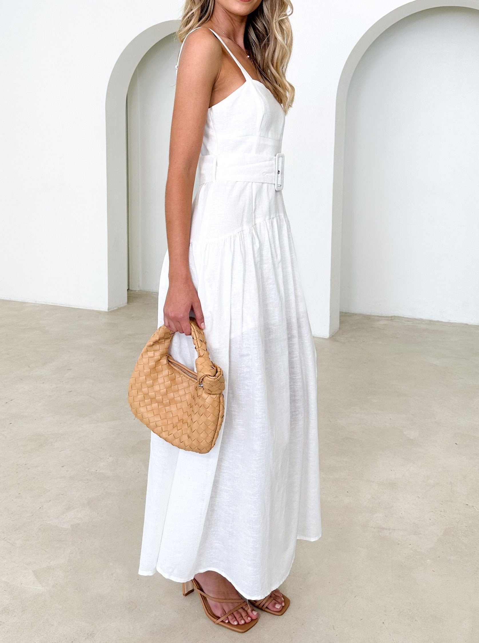 NTG Fad Dresses Rosario Linen Midi Dress - Off White-(Hand Made）