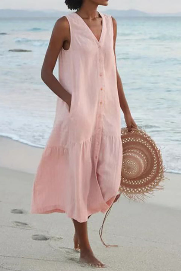 NTG Fad Dresses S / Pink V Neck Button Sleeveless Maxi Dress-（hand make）