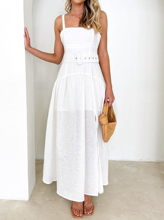 NTG Fad Dresses S Rosario Linen Midi Dress - Off White-(Hand Made）