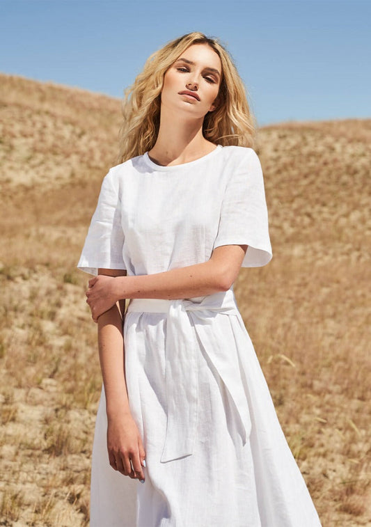 NTG Fad Dresses White / S SHORT SLEEVE LINEN DRESS (Hand Made)