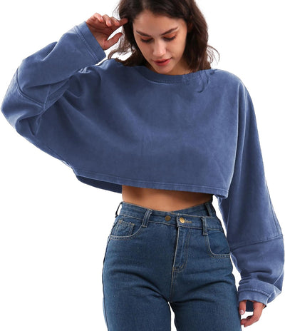 NTG Fad Dusty Blue / Large Washed High Cropped Sweatshirt Crew Neck Crop Top