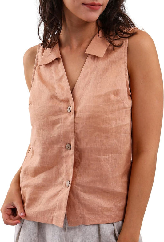 NTG Fad Dusty Orange / Small Women's 100% Linen Summer Sleeveless Button-Down Tops Slight Crop Vest