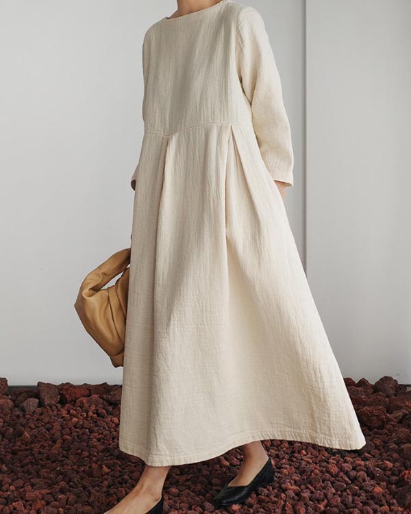 NTG Fad Elegant Round Neck Loose Cotton Linen Dress