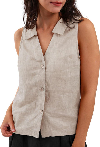 NTG Fad Flax / Small Amazhiyu Women's 100% Linen Summer Sleeveless Button-Down Tops Slight Crop Vest