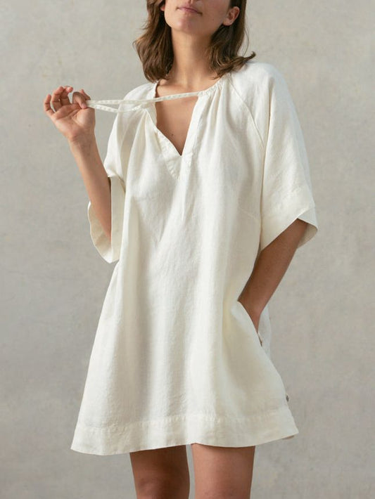 NTG Fad French Cotton and Linen V-neck Lace-up Dress