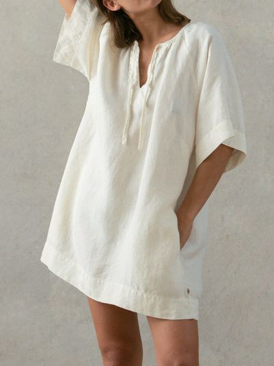 NTG Fad French Cotton and Linen V-neck Lace-up Dress