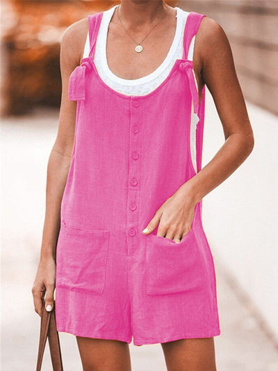 NTG Fad Fuchsia / S Ladies Spring/Summer Solid Color Round Neck Button Loose Short Jumpsuit
