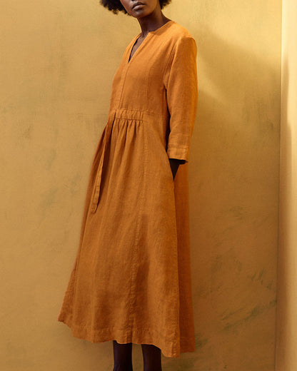 NTG Fad Gathered Garment Dyed Linen Dress-(Hand Make)