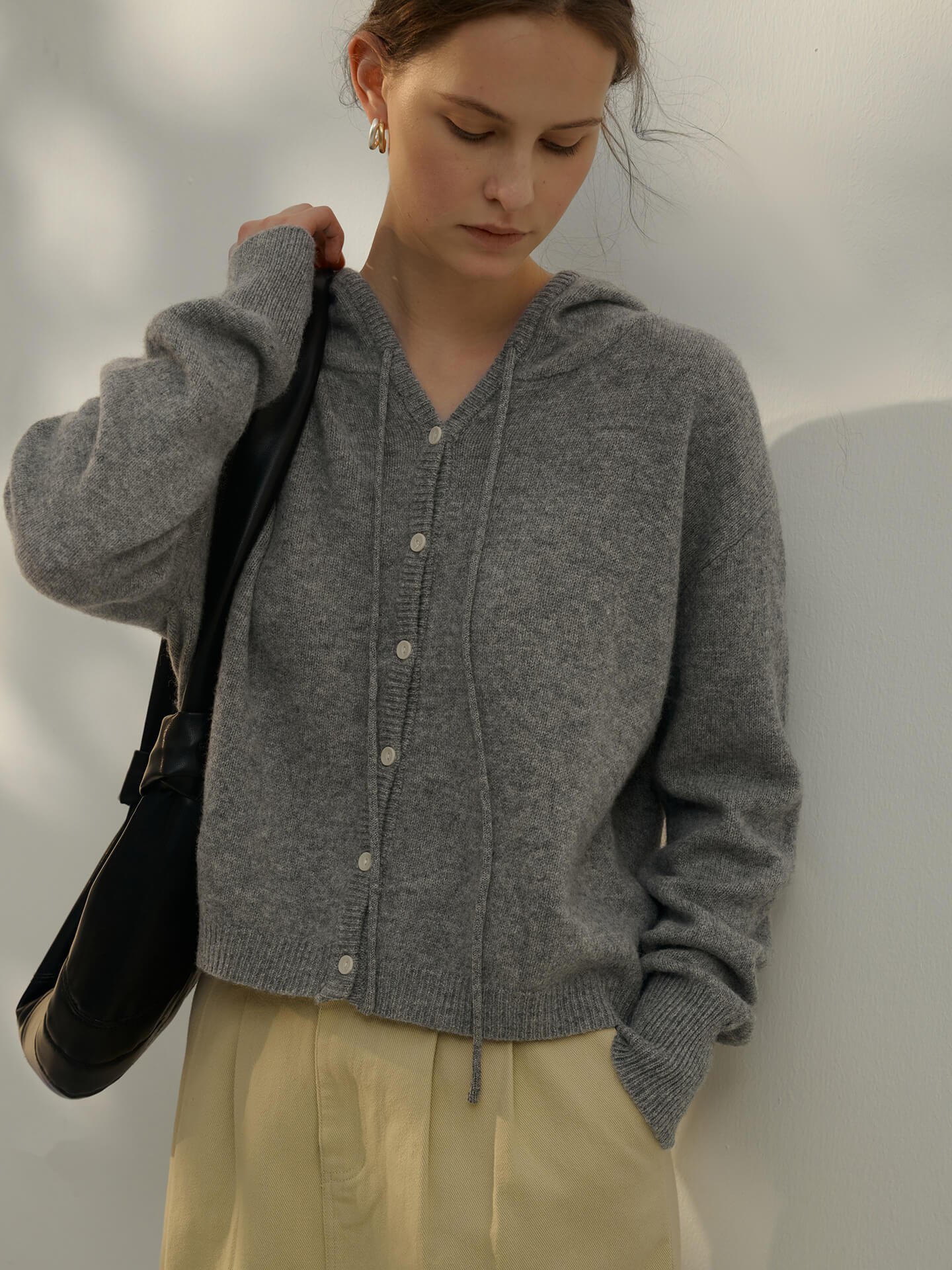 NTG Fad Gray 100% Wool Hooded Drawstring Sweater