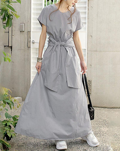 NTG Fad Gray / M Solid Color Simple Short-sleeved Long Dress