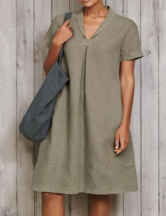 NTG Fad Gray / S Casual Short Sleeve Pure Linen Mini Dress