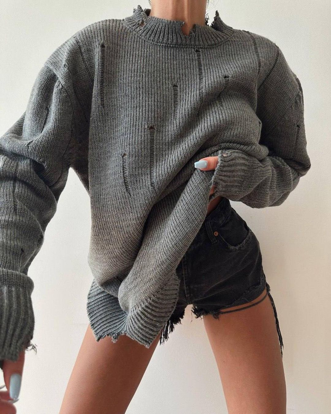 NTG Fad Gray / S Hand-distressed Crew Neck Sweater