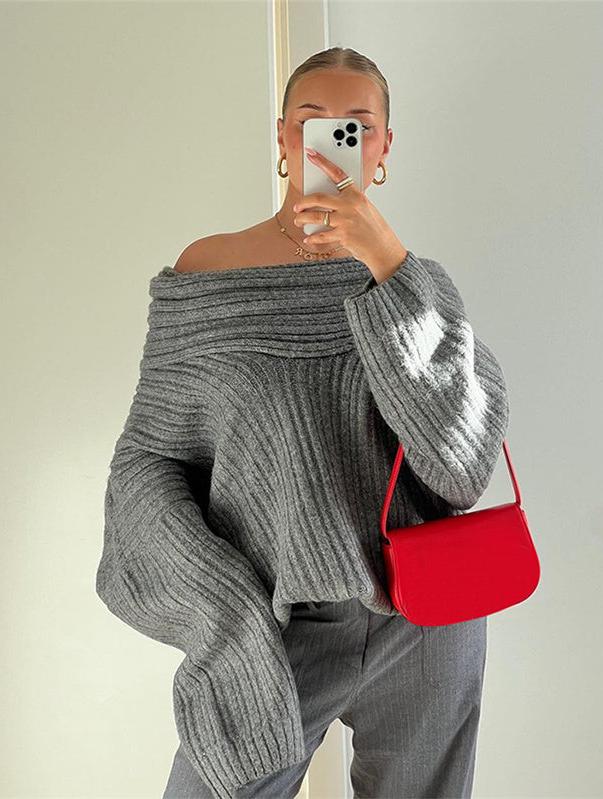 NTG Fad Gray / S One-shoulder Long-sleeved Sweater