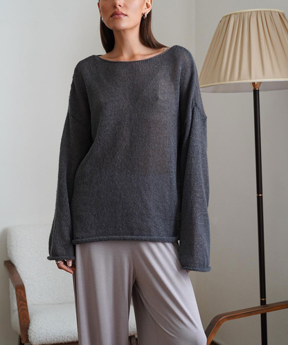 NTG Fad Gray / S Oversized Trumpet Sleeves Knitted T-shirt