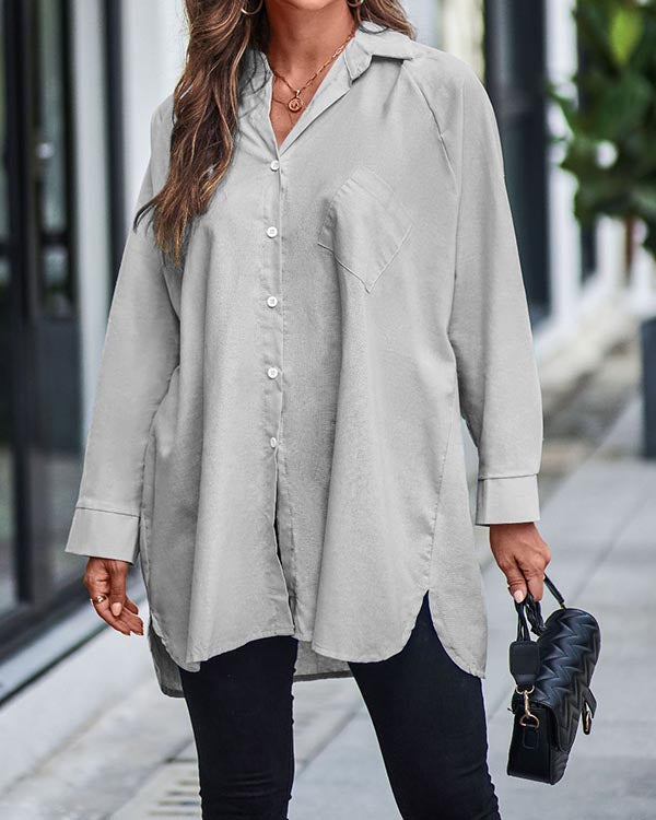 NTG Fad Gray / S Solid Color Long Sleeve Button Down Shirt Top