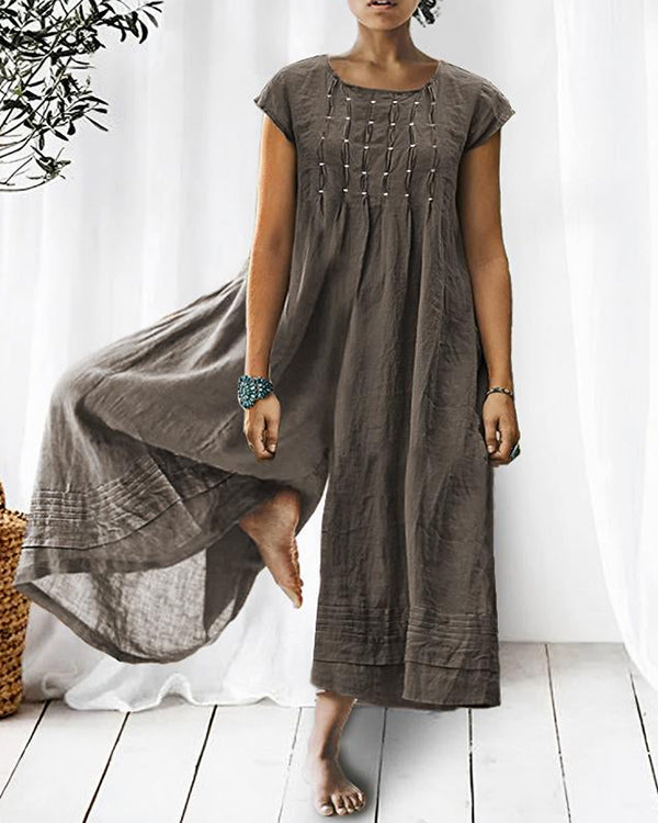NTG Fad Gray / XS Solid Relaxed Loose Pleated Linen Jumpsuit