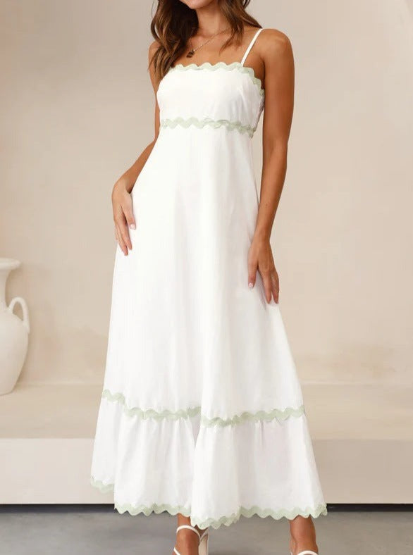 NTG Fad Green edge + Pure white / S Solid color lace splicing suspender strapless full skirt dress