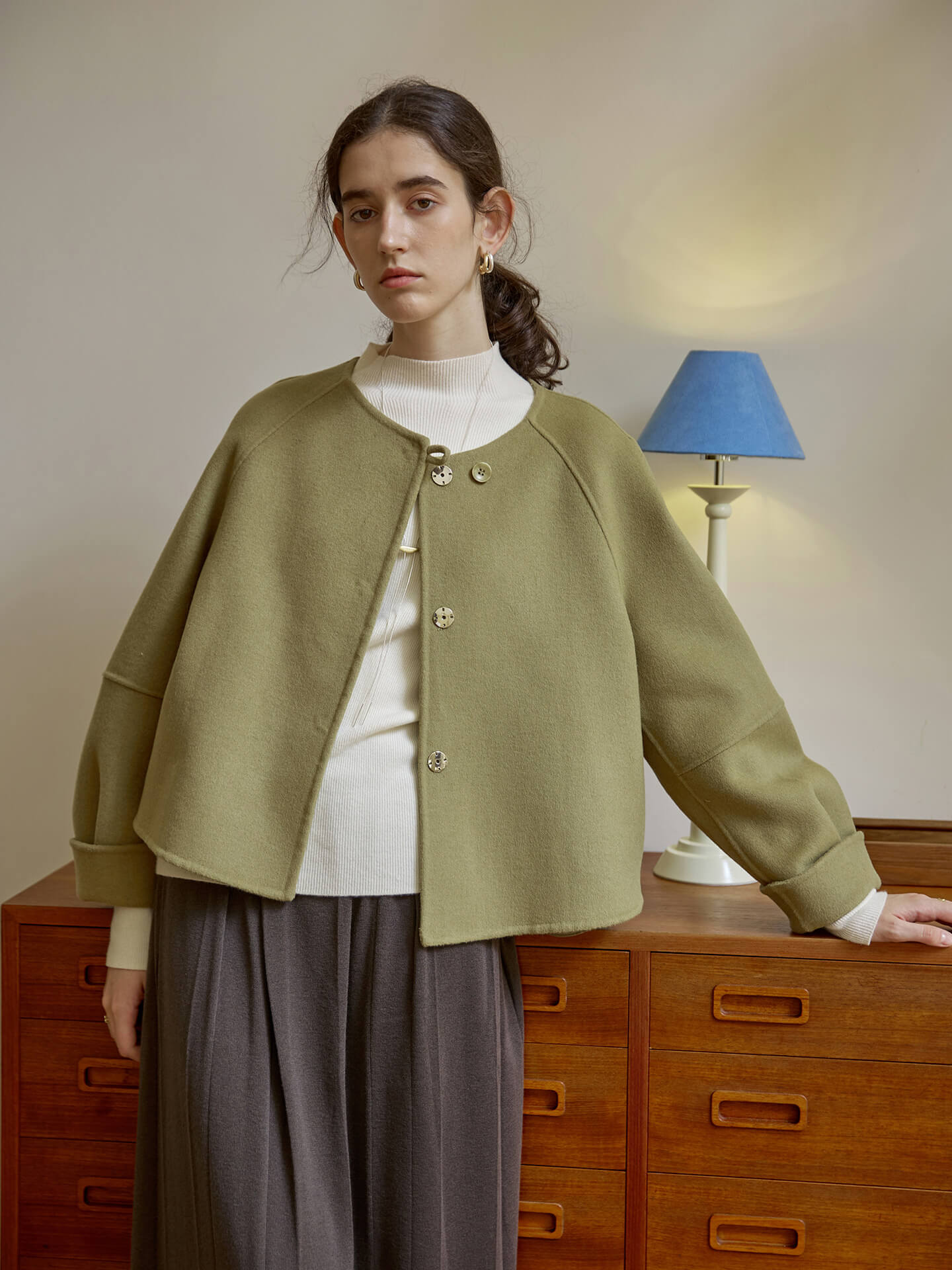 NTG Fad Green / M Round Neck Loose Wool Coat