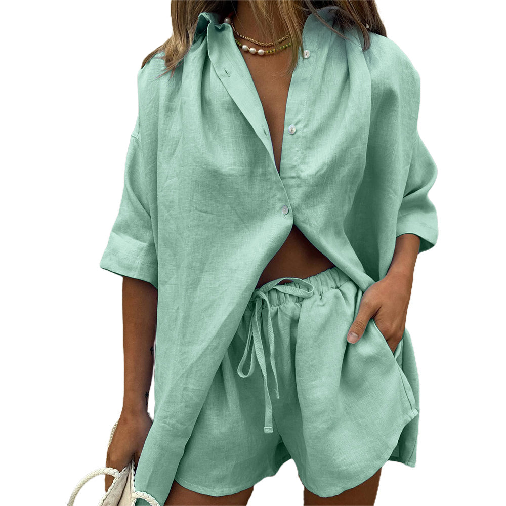 NTG Fad Green / M Women's Pajama Two-Piece Button Shirt Set