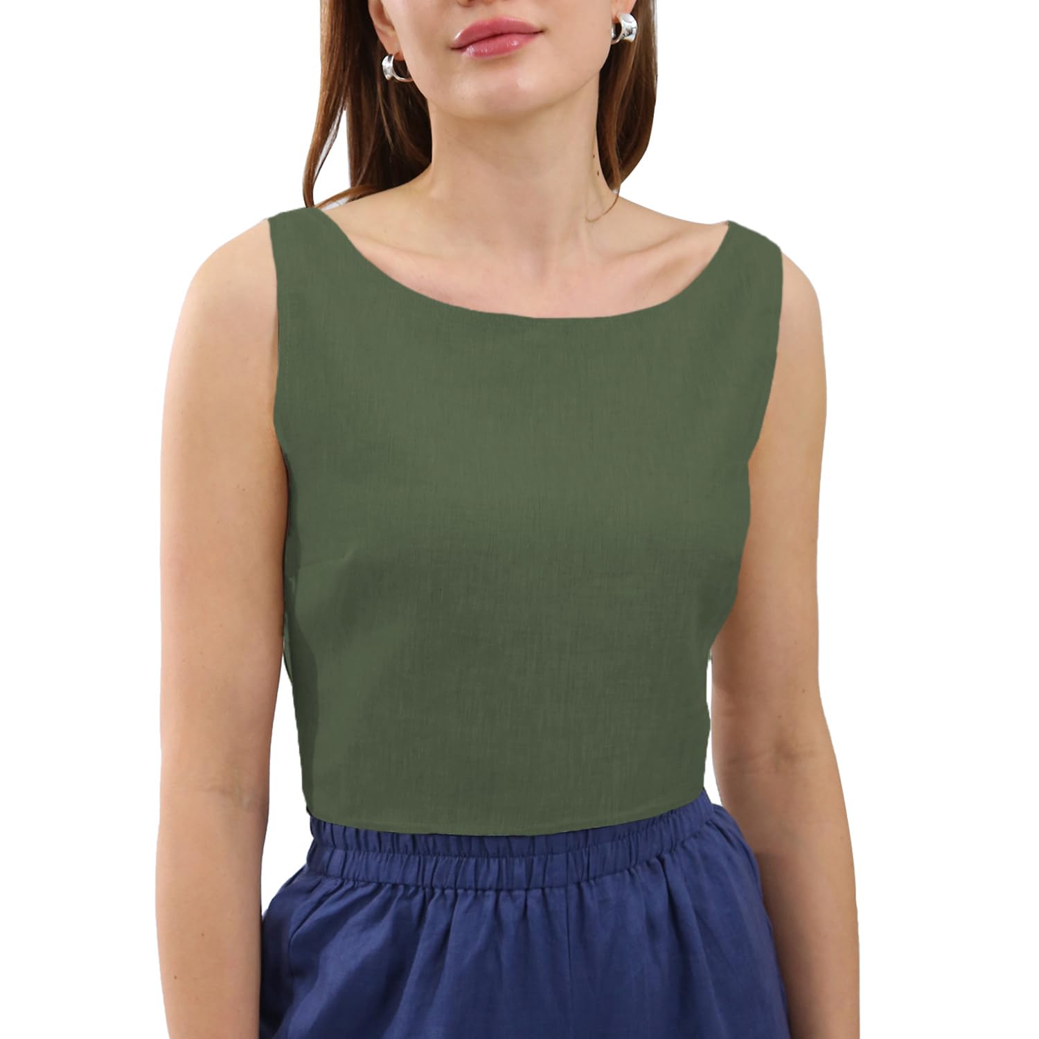 NTG Fad Green / S 100% Linen Backless Tie Summer Crop Tank Tops