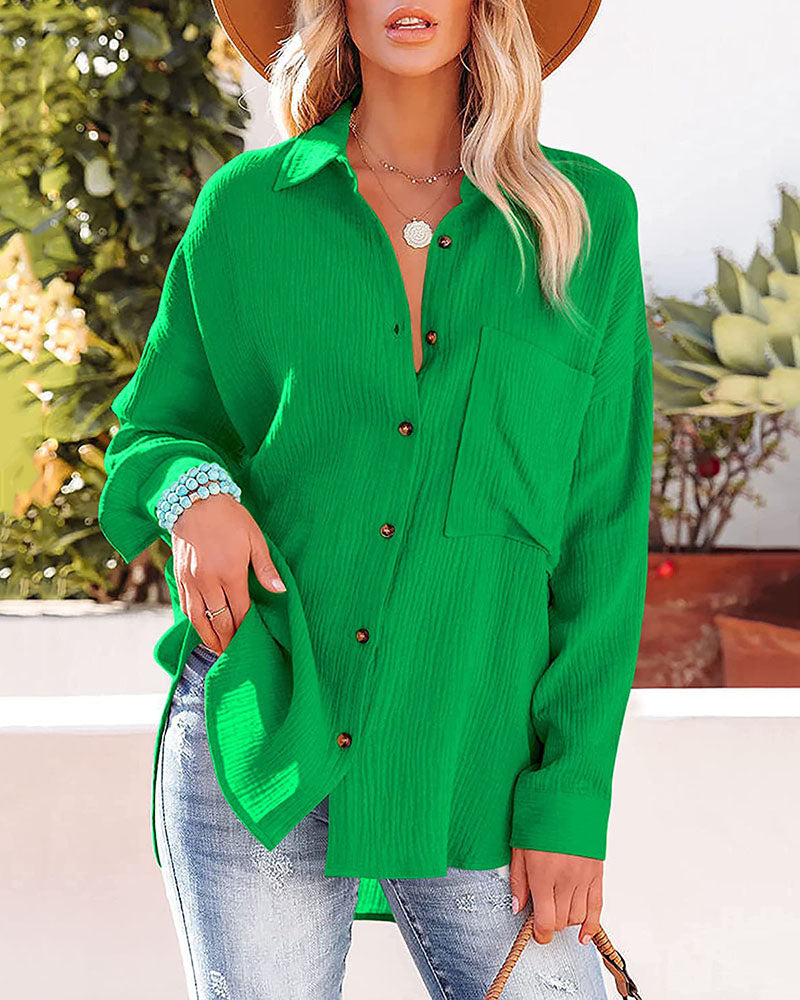 NTG Fad Green / S(4-6) Crinkle Crepe Casual Top Button-Down Long Sleeve Shirt Loose Blouse with Pocket