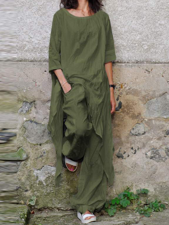 NTG Fad Green / S Casual Loose Irregular 3/4 Sleeve Cotton and Linen Two-piece Suit