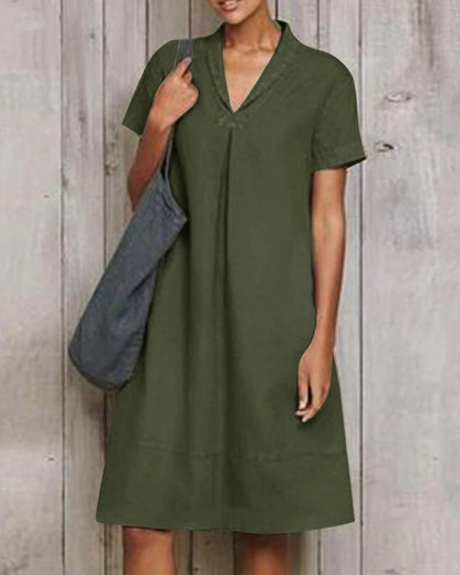 NTG Fad Green / S Casual Short Sleeve Pure Linen Mini Dress