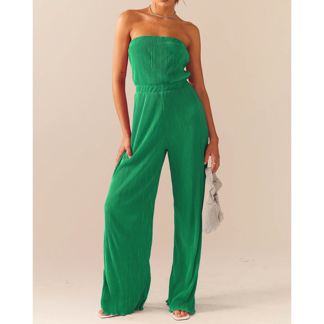 NTG Fad Green / S Comfortable pleated fabric bust-swinging wide-leg jumpsuit