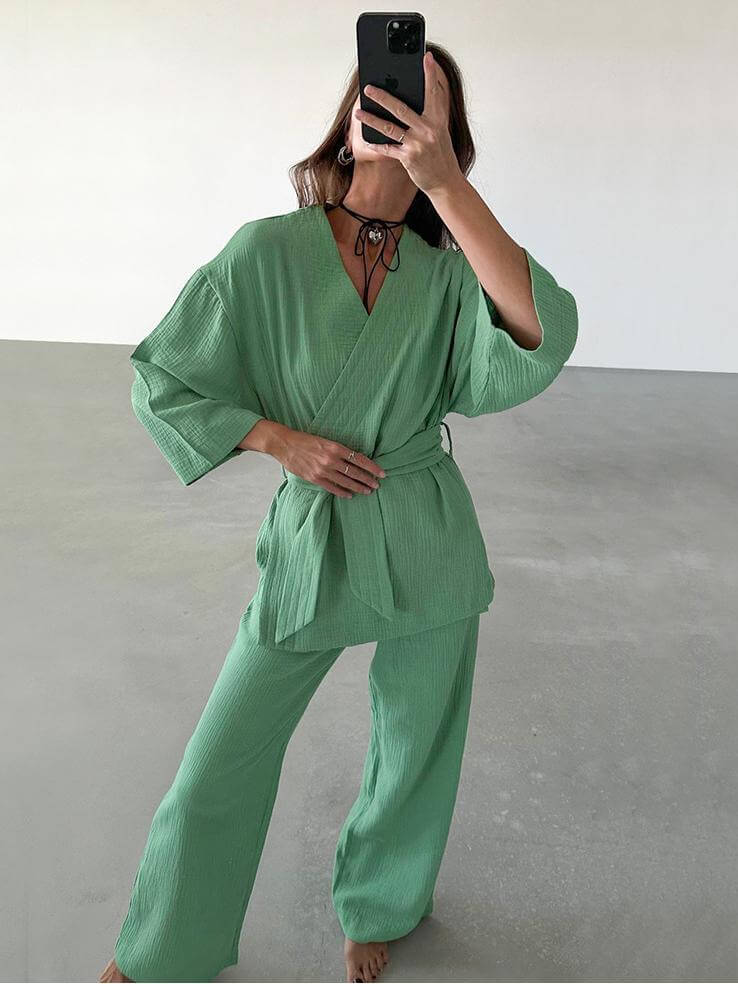 NTG Fad Green / S Cotton Cardigan Tie Robe Pajama Set