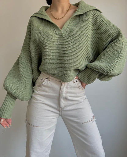 NTG Fad Green / S Lantern Sleeve Open Collar Pullover