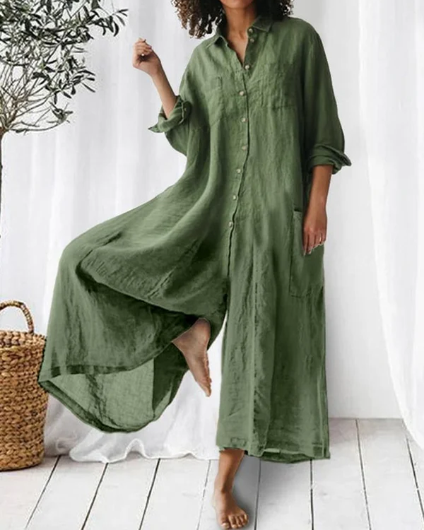 NTG Fad Green / S Linen Cotton Loose Casual Loose Jumpsuit