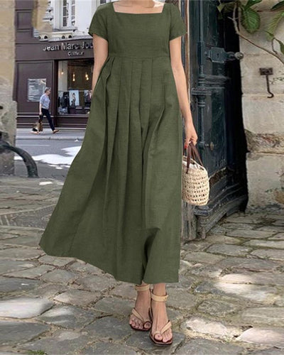 NTG Fad Green / S Linen Long Dress Short Sleeve Square Neck Dress