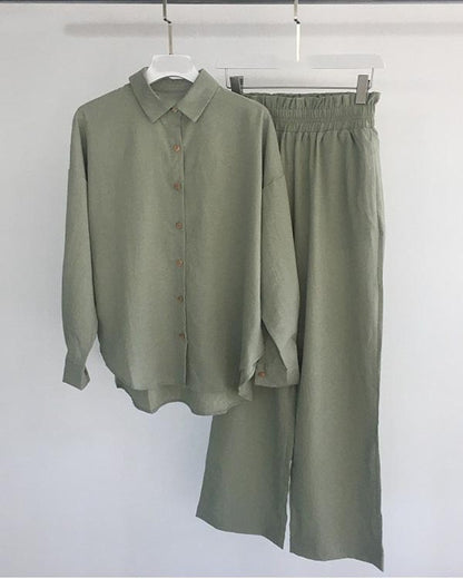 NTG Fad Green / S Linen Set Casual Shirt Elastic Pants Suits