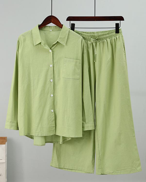 NTG Fad Green / S Linen Solid Slit Cardigan and Wide-Leg Pant Suits