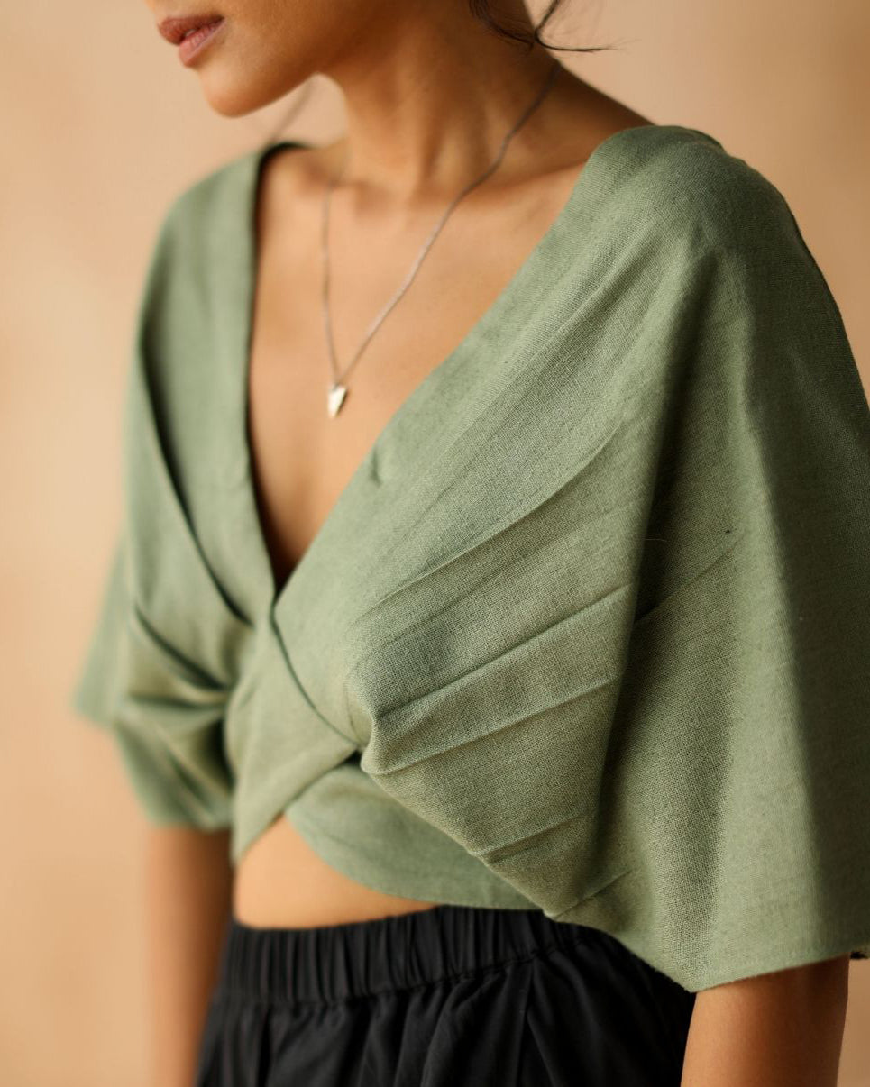 NTG Fad green / S Linen V-Neck Casual Top