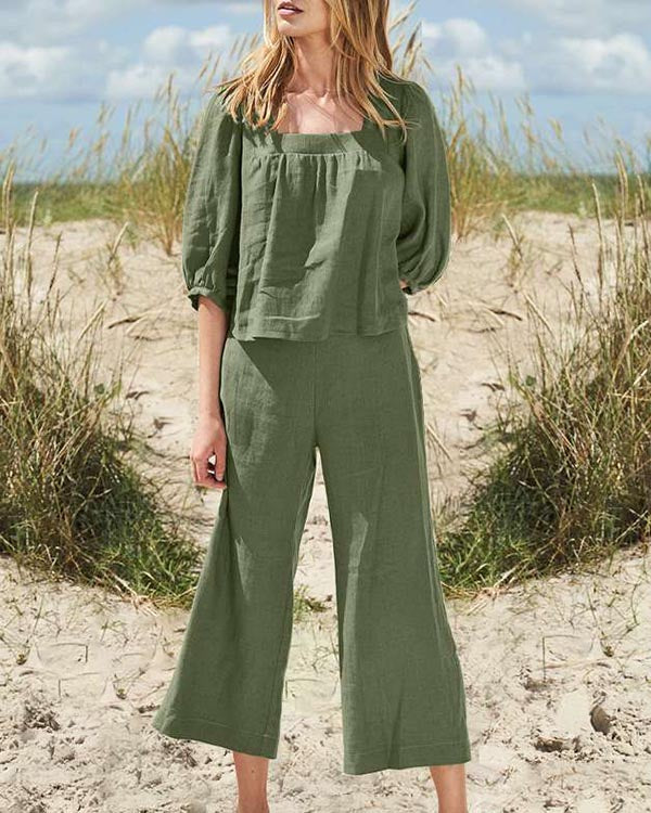NTG Fad Green / S Solid Color Cotton Linen Casual Long Sleeve Loose Cotton Suit