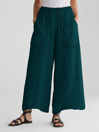 NTG Fad Green / S Solid Color Cotton Linen Pocket Wide Leg Pants