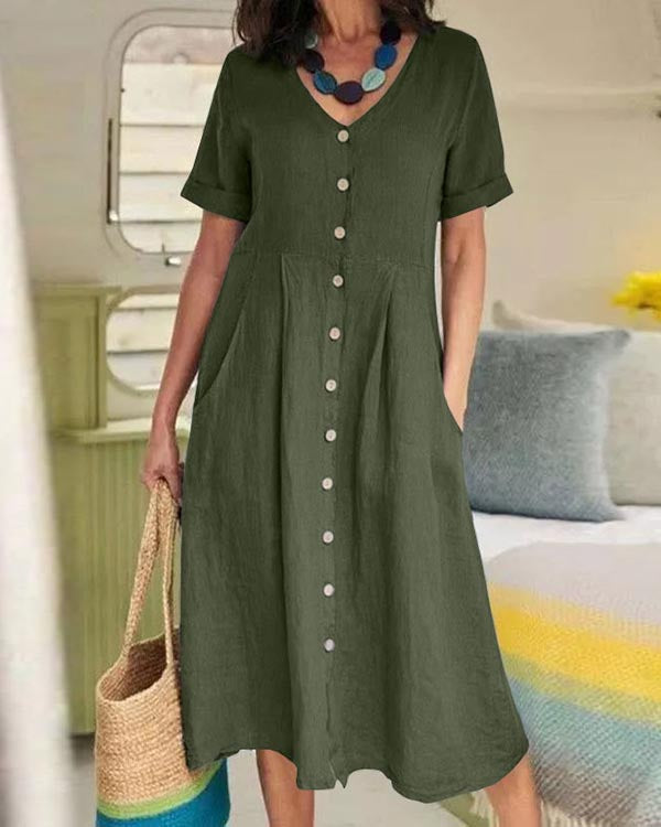 NTG Fad Green / S Solid Loose Linen Dress