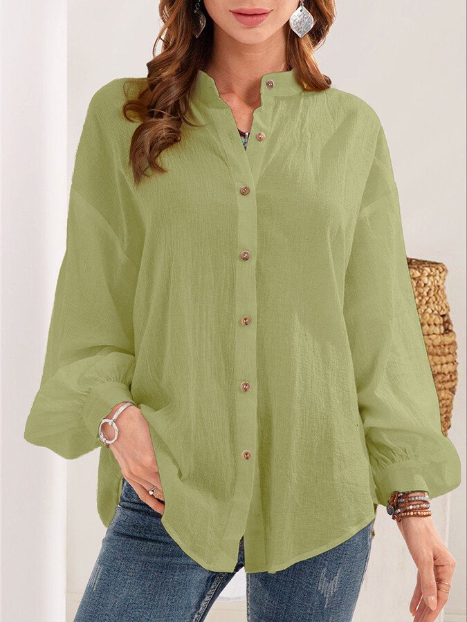 NTG Fad Green / S Women's Button V-neck Cotton Linen Shirt