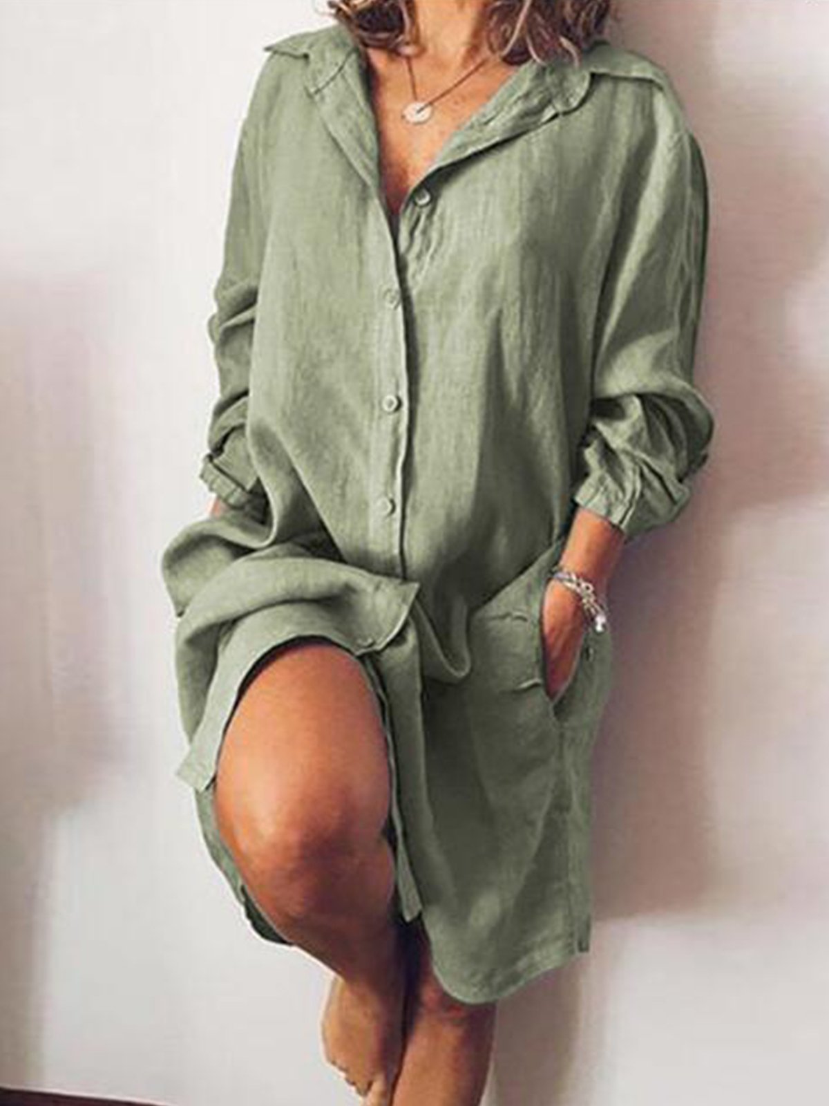 NTG Fad Green / S Women's Casual Pure Color Cotton Shirt Dress